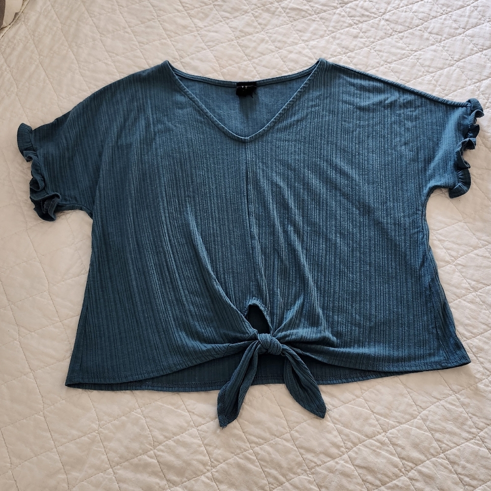 Teal Short Sleeve Top with Tie Detail